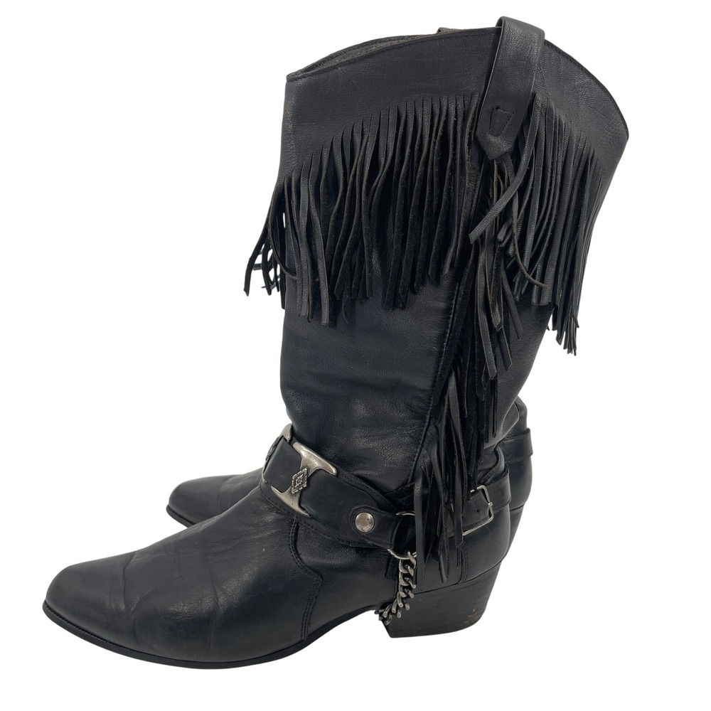 Dingo Cowboy Boots Womens 9 Black Leather Fringe Harness Western Vintage Boho